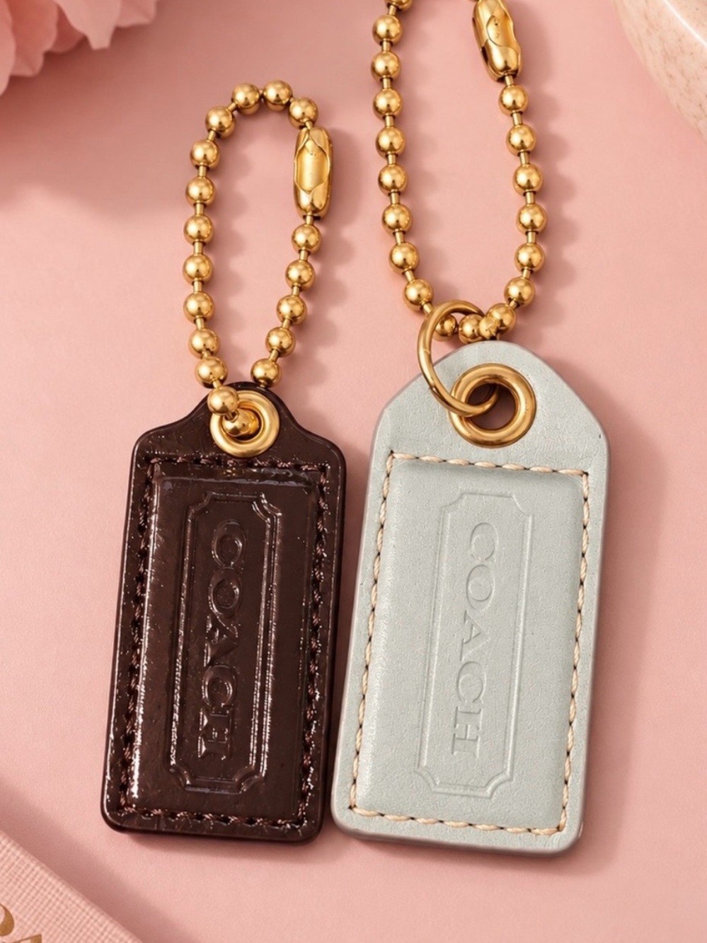 COACH Leather Tag Keychain - Brown and Light Blue/white